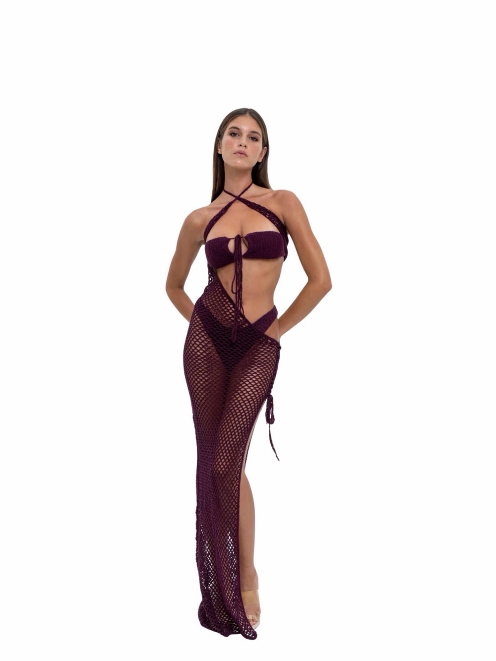 Plunge Halter Purple Crochet Mesh Swim Coverup Maxi